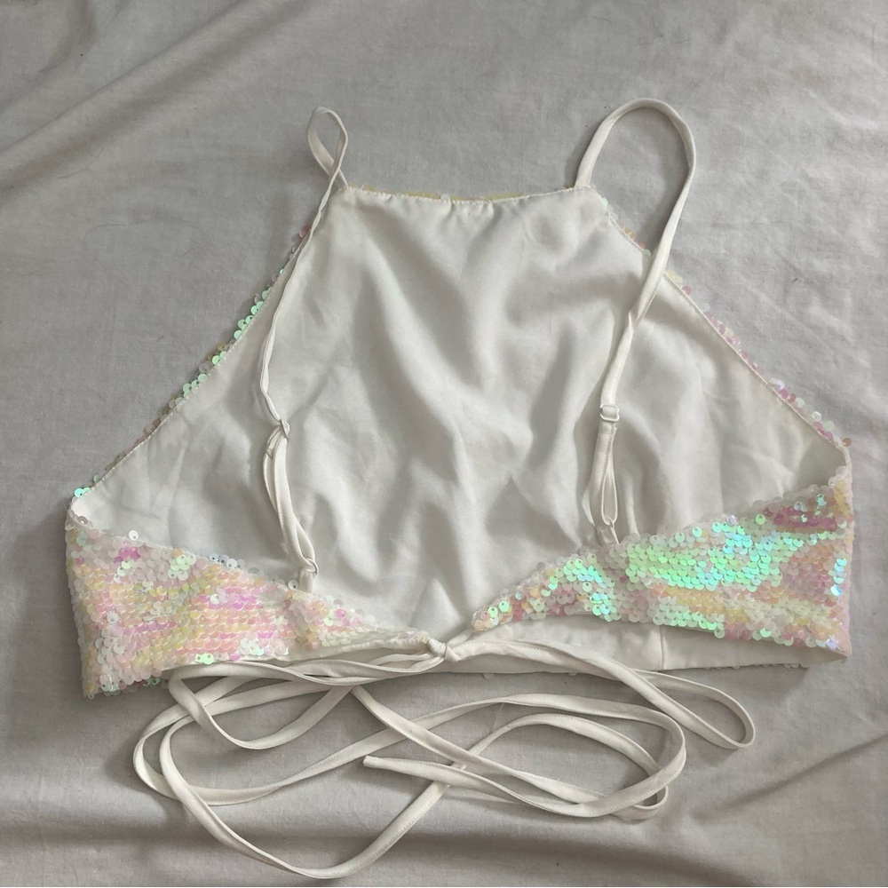 Superdown Green and Pink Sequin Tie Front Tank Top - Picture 2 of 3